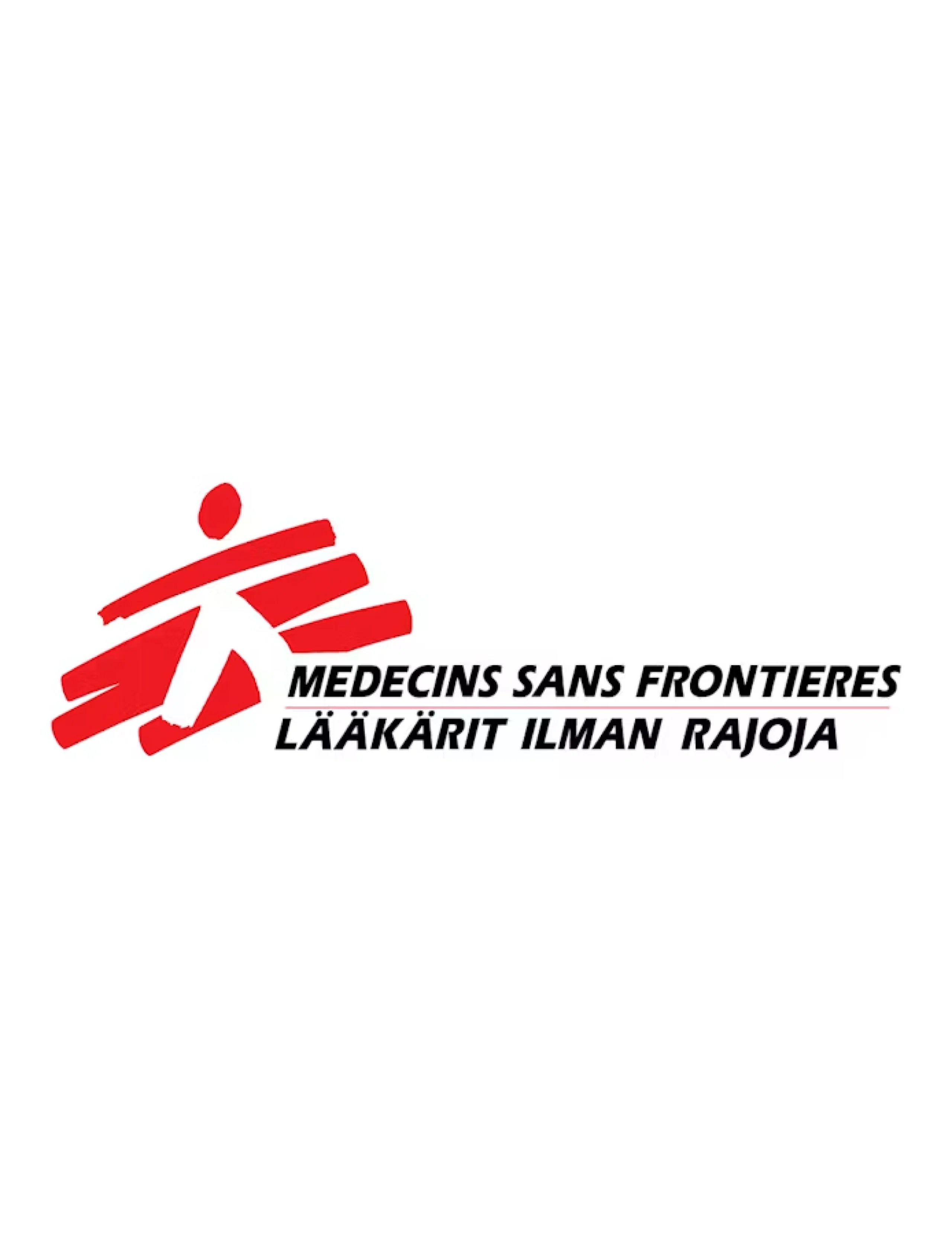 Lääkärit Ilman Rajoja -järjestön logo: punainen juokseva henkilöhahmo ja teksti Medecins Sans Frontieres, Lääkärit Ilman Rajoja.