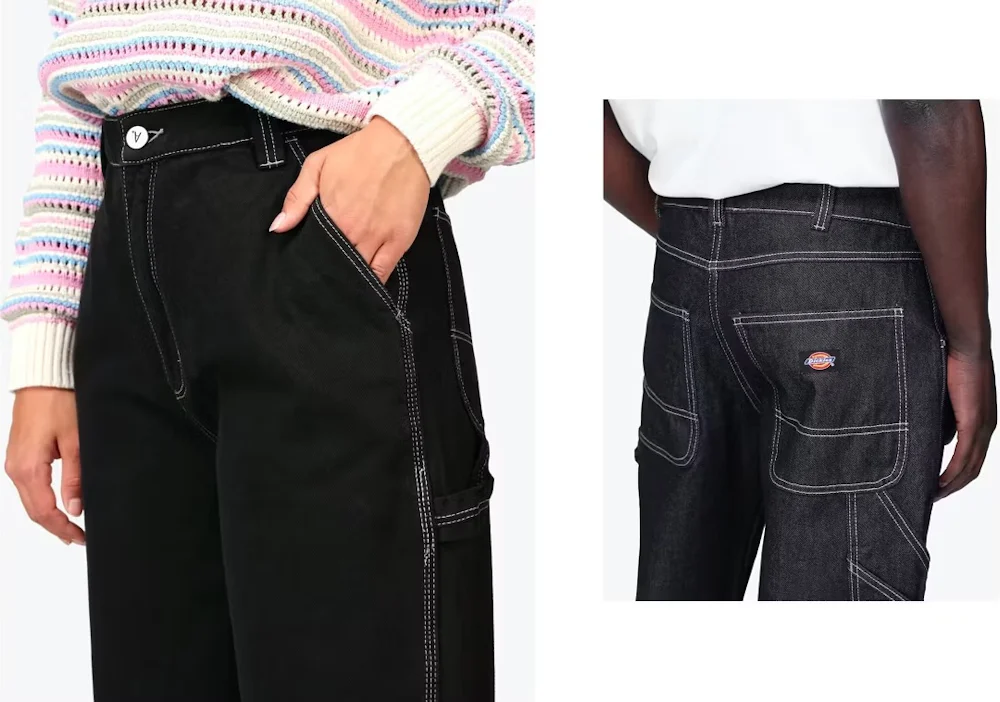 Nærbilde av svarte snekkerjeans med kontrastfarget hvit søm, forhåndshånd i lommen og bakfra som viser lapp-lomme og logo.