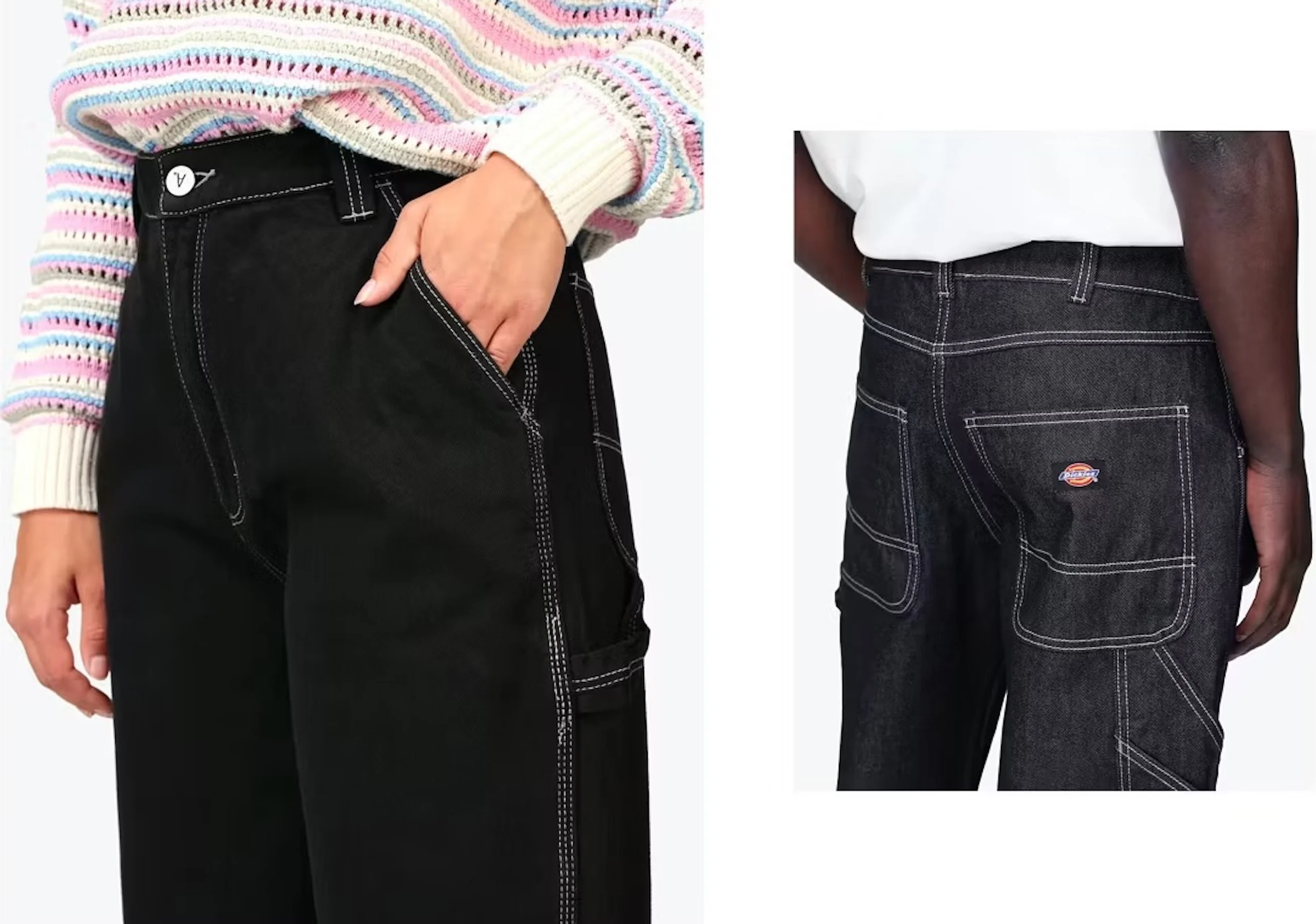 Nærbilde av svarte snekkerjeans med kontrastfarget hvit søm, forhåndshånd i lommen og bakfra som viser lapp-lomme og logo.