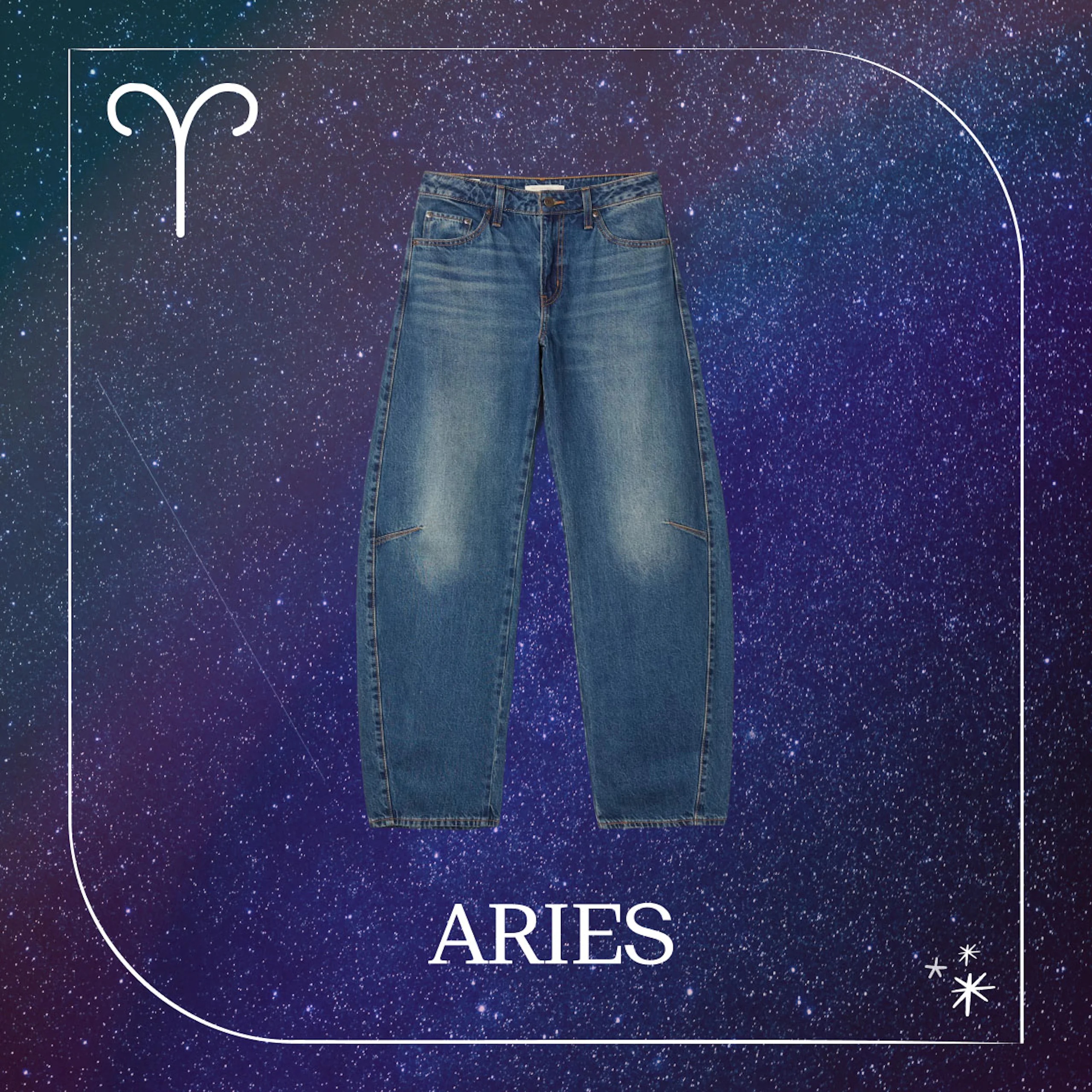 Blå jeans med slitt look mot en lilla stjernehimmel-bakgrunn, med stjernetegnet Væren (Aries) symbol øverst.