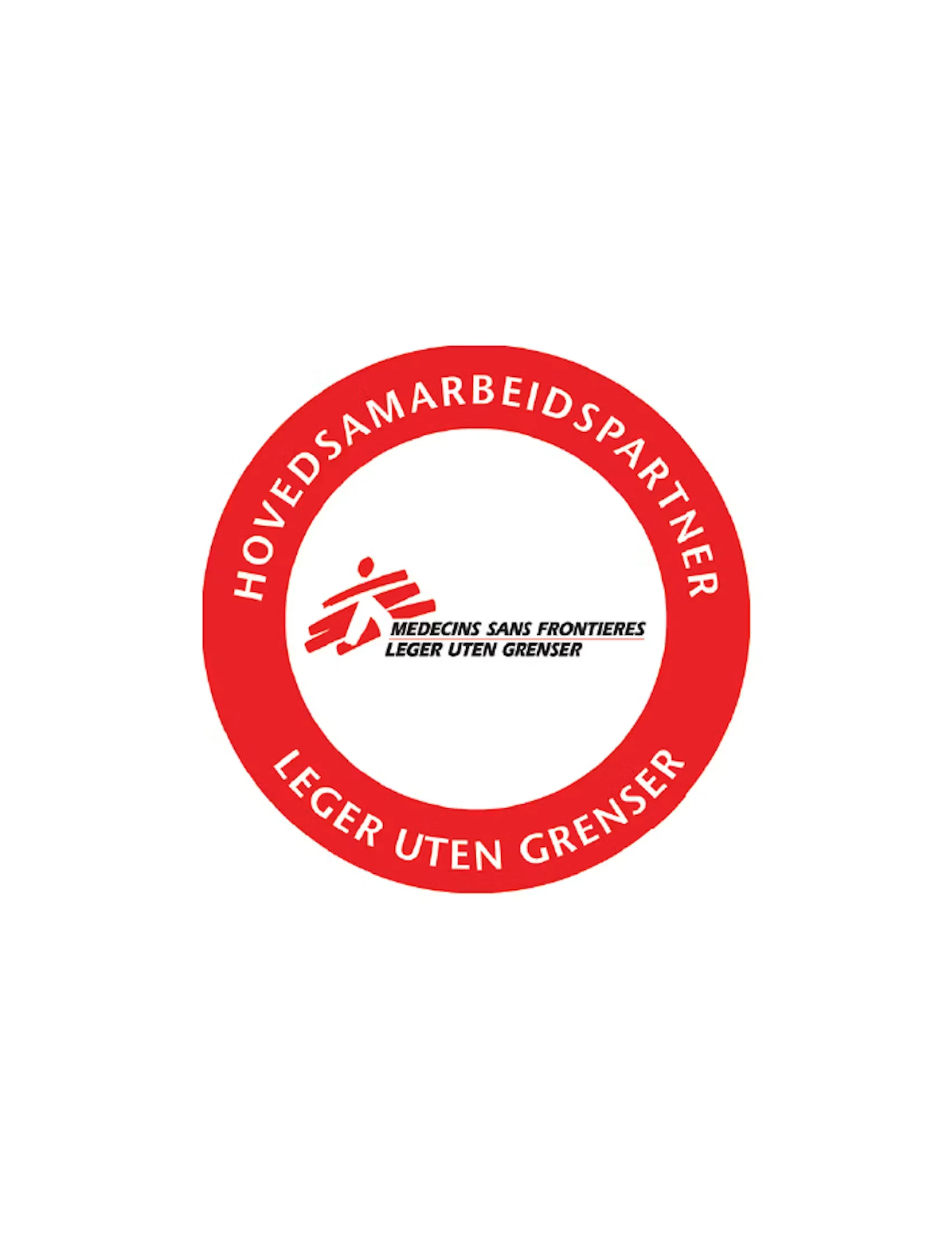 Rødt sirkelmerke for Leger Uten Grenser med teksten Hovedsamarbeidspartner og MSF-logoen i midten.