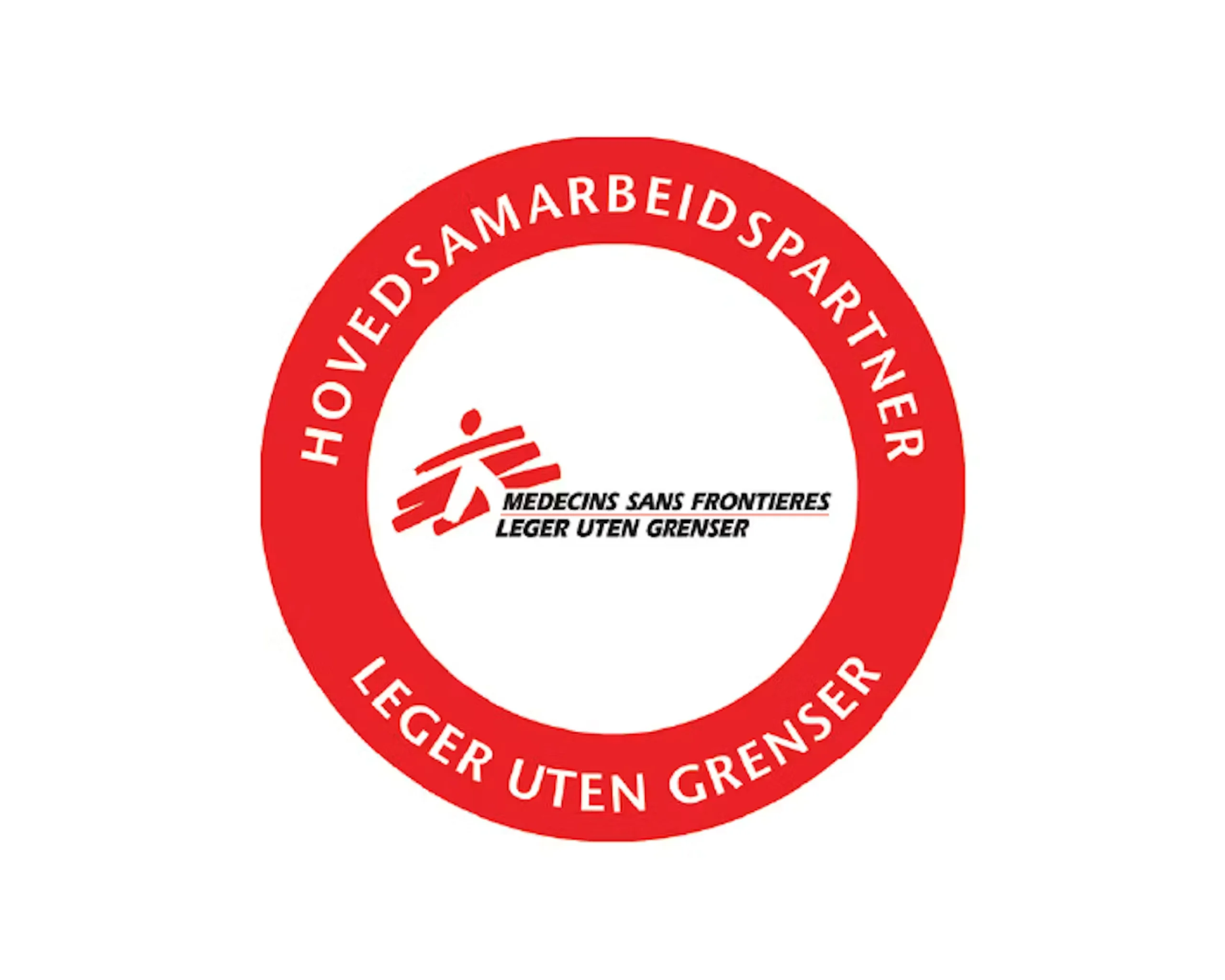 Rødt sirkelmerke for Leger Uten Grenser med teksten Hovedsamarbeidspartner og MSF-logoen i midten.