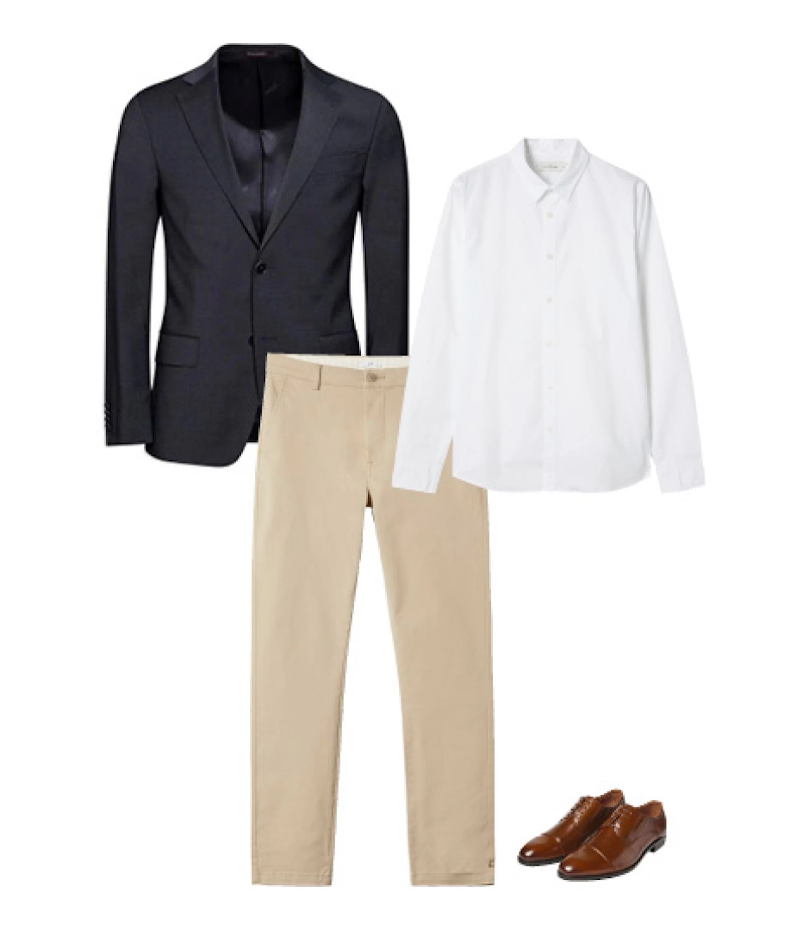 Antrekkskombinasjon med mørk blazer, hvit skjorte, beige chinos og brune læresko.
