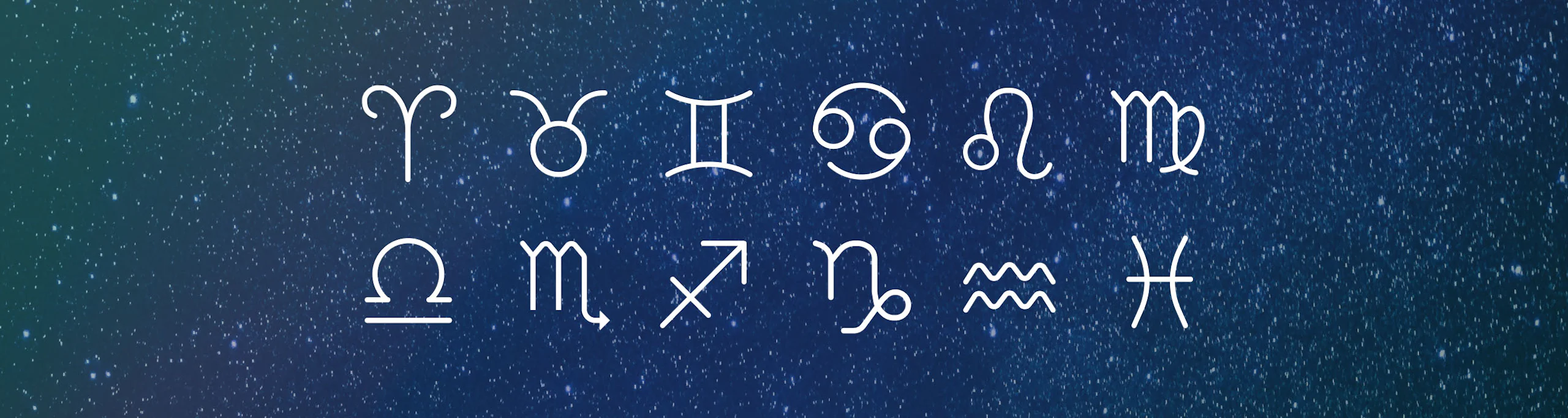 Hvite stjernetegn-symboler for alle 12 tegn i zodiaken mot en mørk, stjernefylt natthimmel.