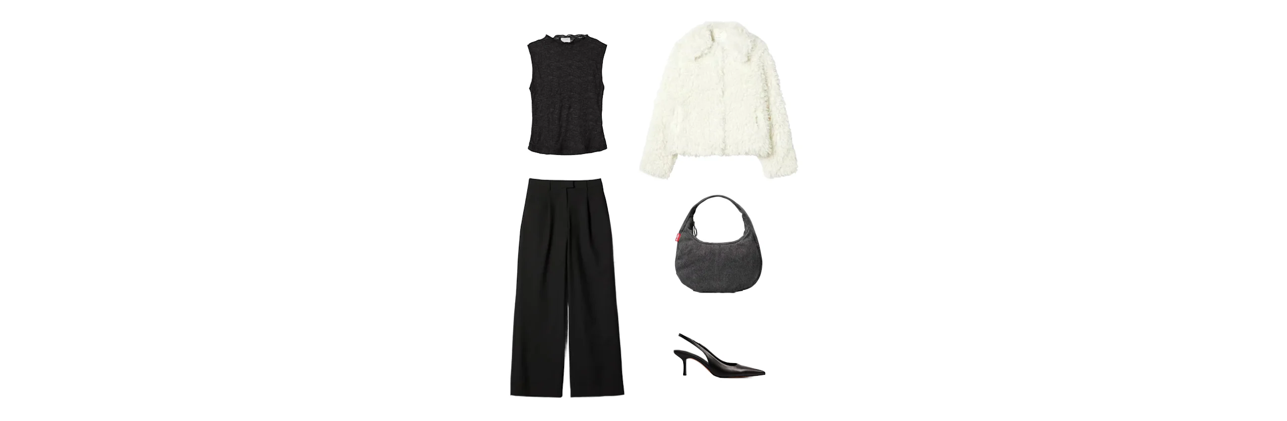 Outfit med svart spetstopp, vida svarta byxor, vit fluffig jacka, grå axelväska och svarta kitten heel-skor.