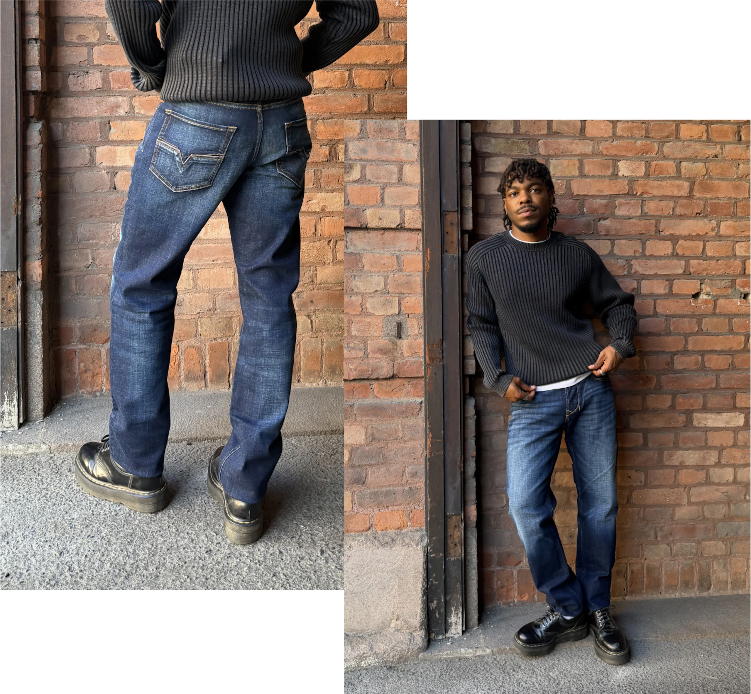 Ung mann lent mot en murvegg iført svart ribbestrikket genser, blå jeans og svarte skinnsko, vist helfigur og nærbilde bakfra av jeanslommer og sømmer.