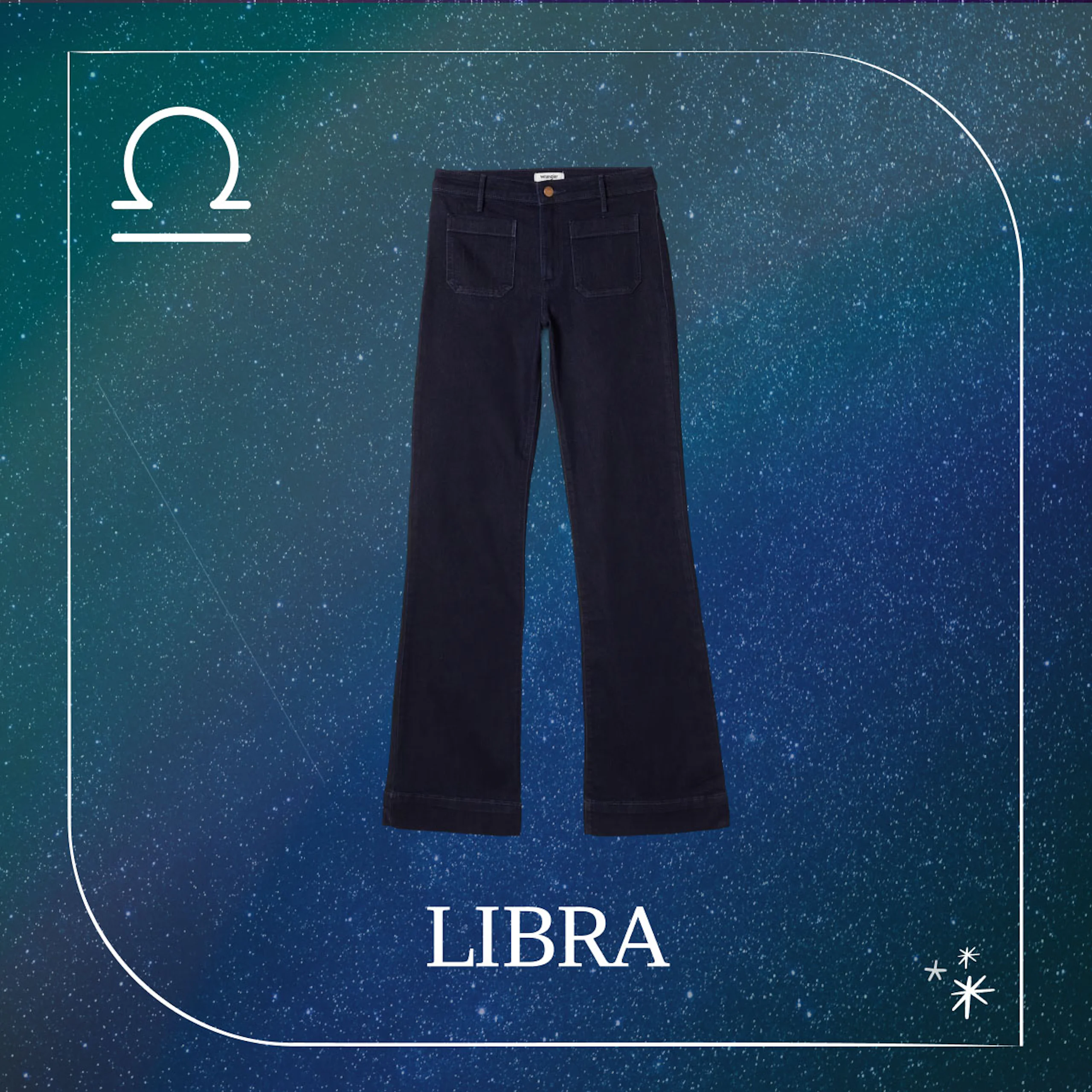 Mørkeblå utsvingede jeans med frontlommer, mot en stjernehimmel-bakgrunn med Libra-symbolet.