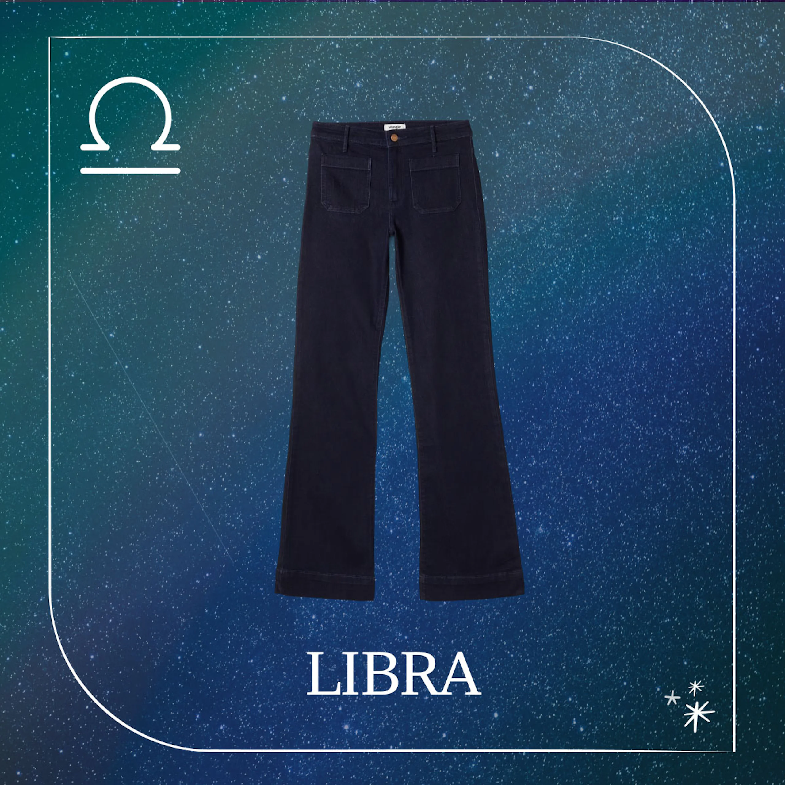 Mørkeblå utsvingede jeans med frontlommer, mot en stjernehimmel-bakgrunn med Libra-symbolet.