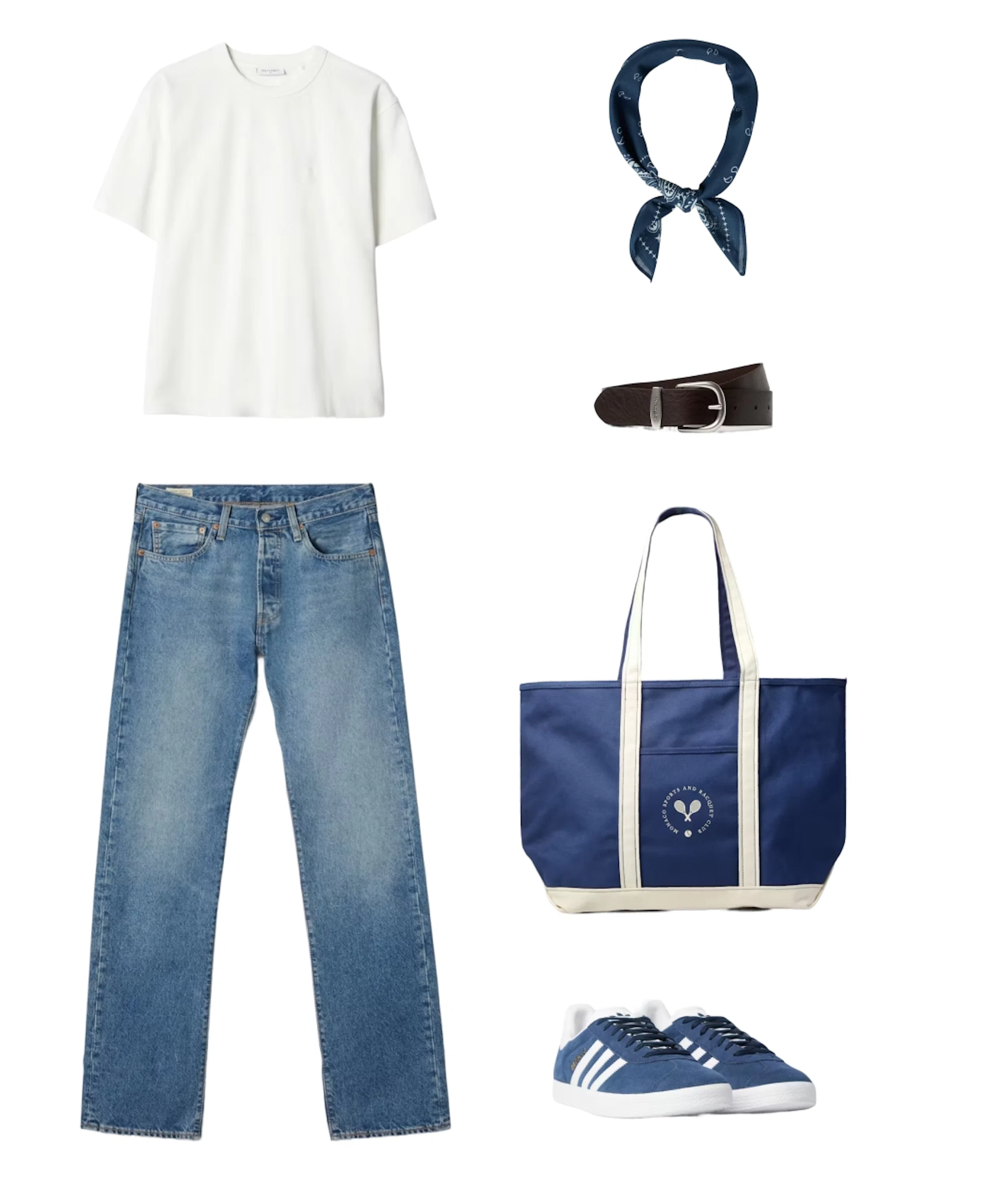 Casual antrekk flatt opplegg: hvit t-skjorte, blå jeans, mørkeblå bandana, brunt belte, blå handlenett og blå Adidas-sneakers.